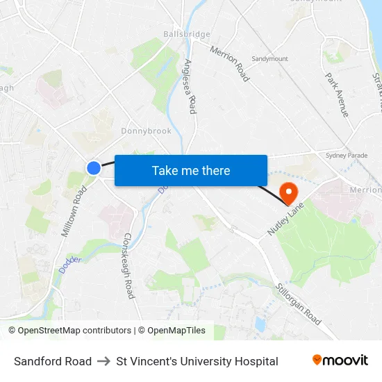 Sandford Road to St Vincent's University Hospital map