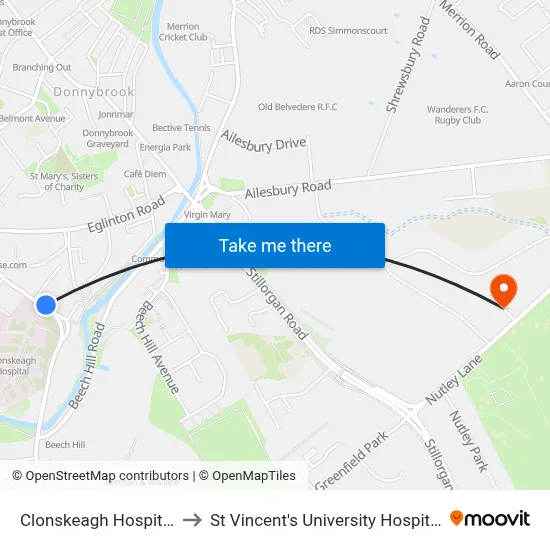 Clonskeagh Hospital to St Vincent's University Hospital map