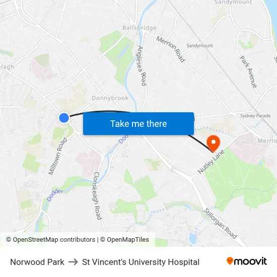 Norwood Park to St Vincent's University Hospital map