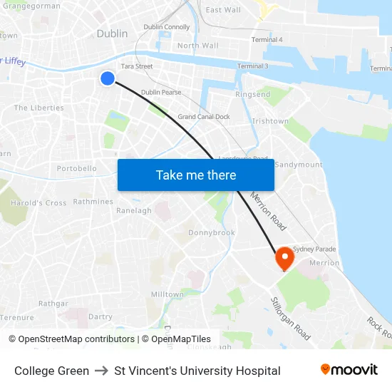 College Green to St Vincent's University Hospital map