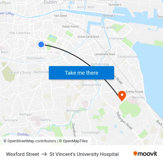 Wexford Street to St Vincent's University Hospital map