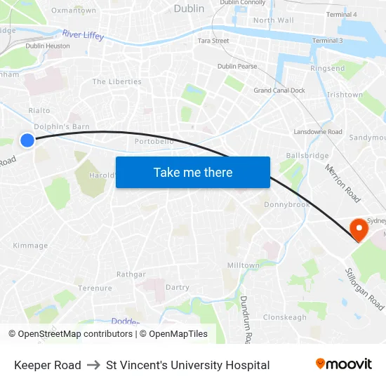 Keeper Road to St Vincent's University Hospital map