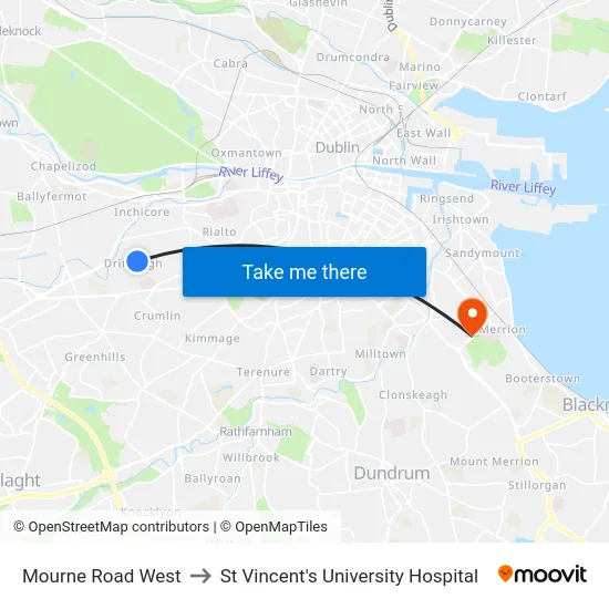 Mourne Road West to St Vincent's University Hospital map