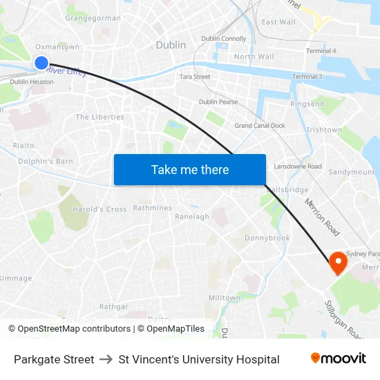 Parkgate Street to St Vincent's University Hospital map