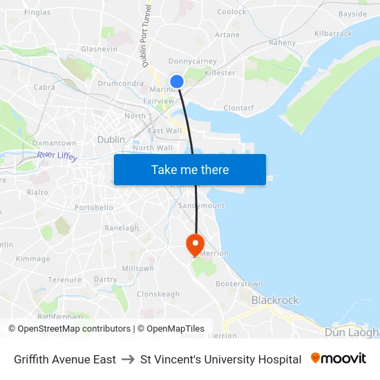 Griffith Avenue East to St Vincent's University Hospital map