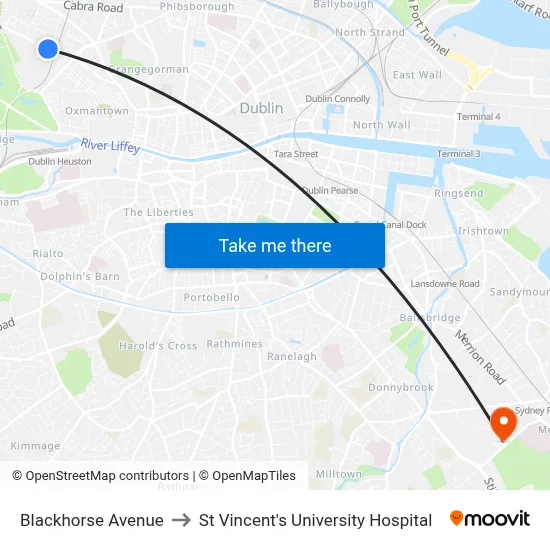 Blackhorse Avenue to St Vincent's University Hospital map
