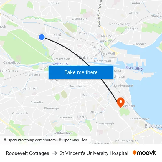Roosevelt Cottages to St Vincent's University Hospital map