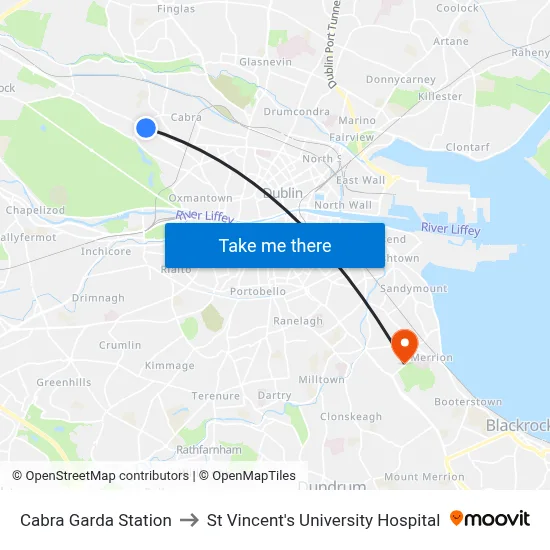 Cabra Garda Station to St Vincent's University Hospital map