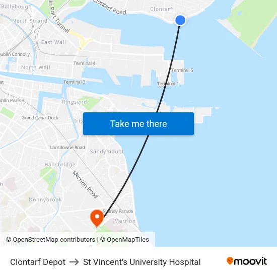 Clontarf Depot to St Vincent's University Hospital map