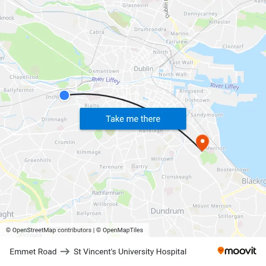Emmet Road to St Vincent's University Hospital map