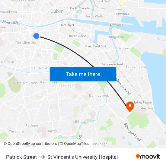 Patrick Street to St Vincent's University Hospital map
