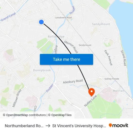 Northumberland Road to St Vincent's University Hospital map