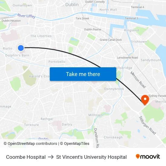 Coombe Hospital to St Vincent's University Hospital map