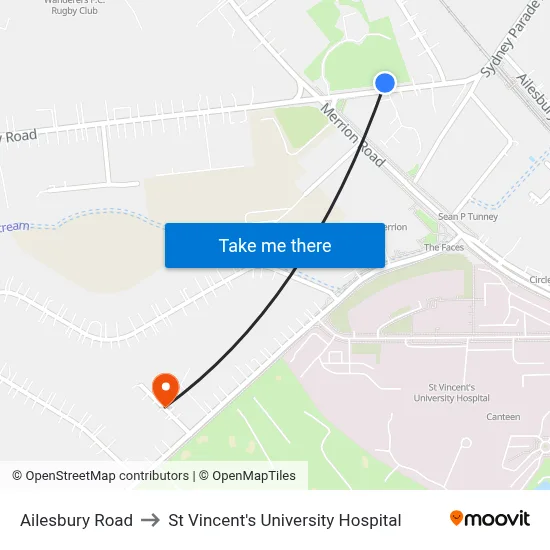 Ailesbury Road to St Vincent's University Hospital map