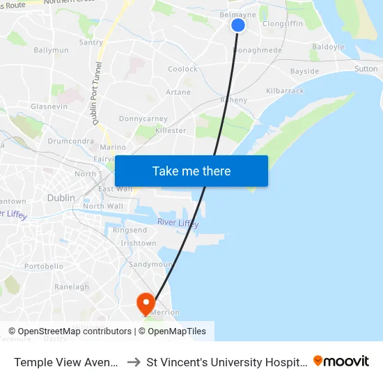 Temple View Avenue to St Vincent's University Hospital map