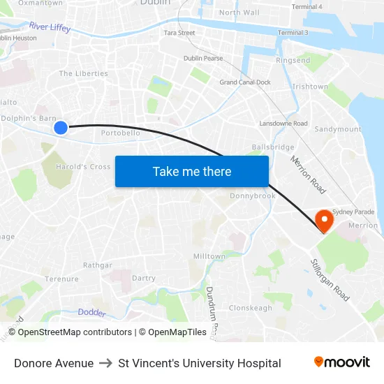 Donore Avenue to St Vincent's University Hospital map