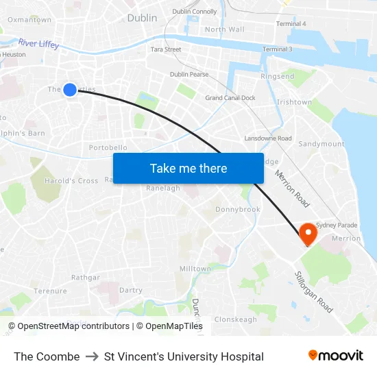 The Coombe to St Vincent's University Hospital map