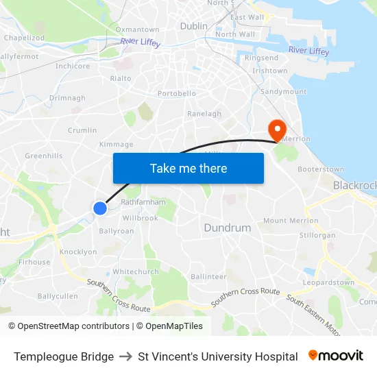 Templeogue Bridge to St Vincent's University Hospital map