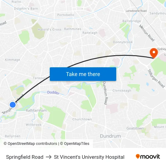 Springfield Road to St Vincent's University Hospital map