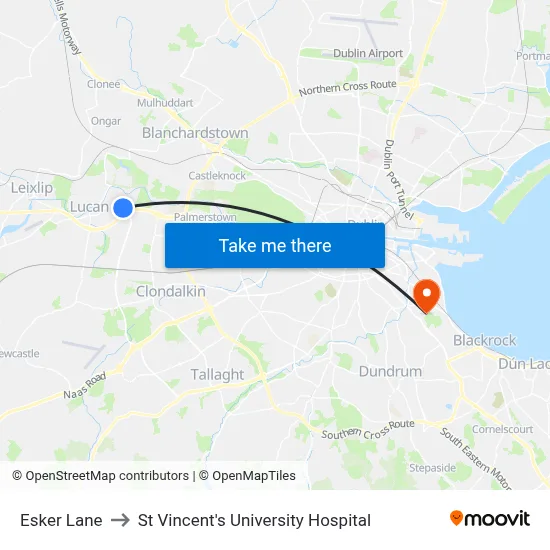 Esker Lane to St Vincent's University Hospital map