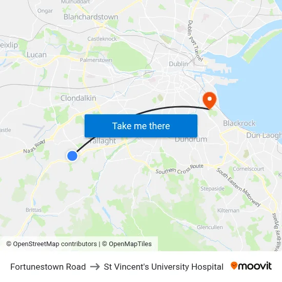 Fortunestown Road to St Vincent's University Hospital map