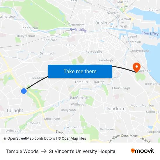 Temple Woods to St Vincent's University Hospital map