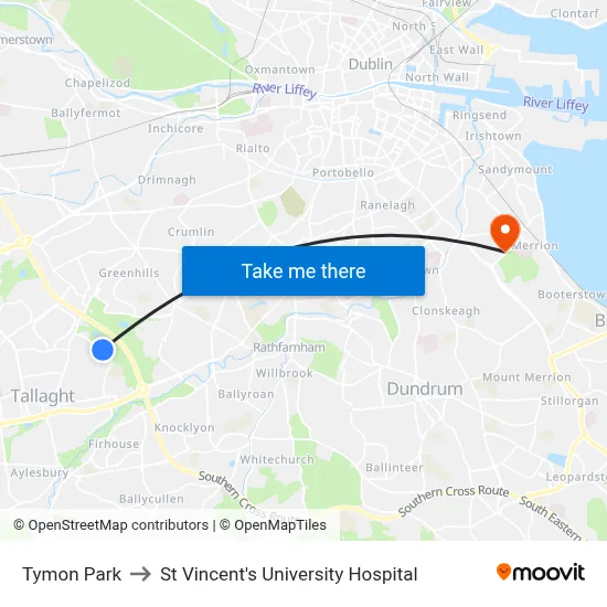 Tymon Park to St Vincent's University Hospital map