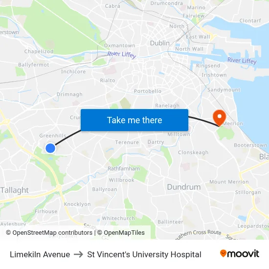 Limekiln Avenue to St Vincent's University Hospital map