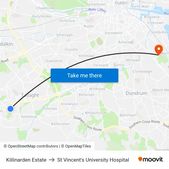 Killinarden Estate to St Vincent's University Hospital map