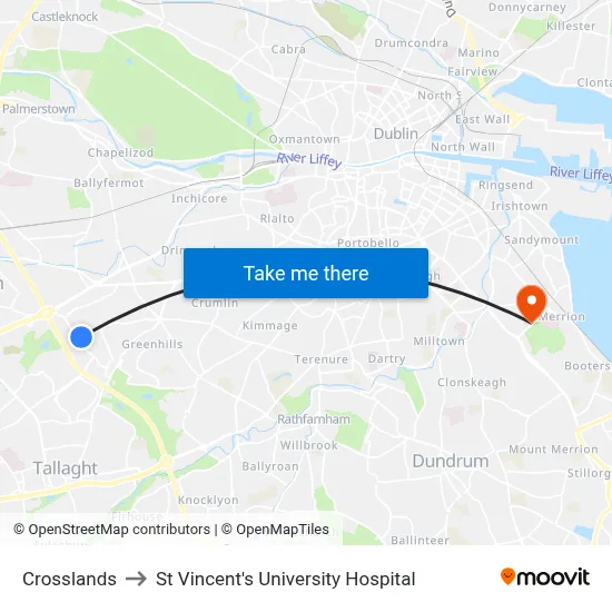 Crosslands to St Vincent's University Hospital map