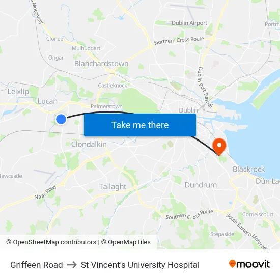 Griffeen Road to St Vincent's University Hospital map