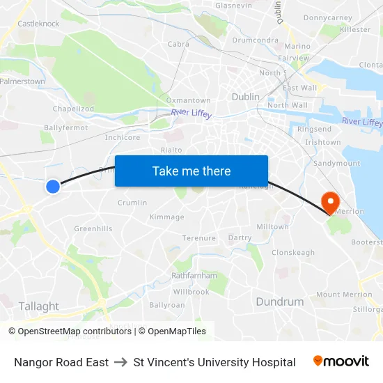 Nangor Road East to St Vincent's University Hospital map