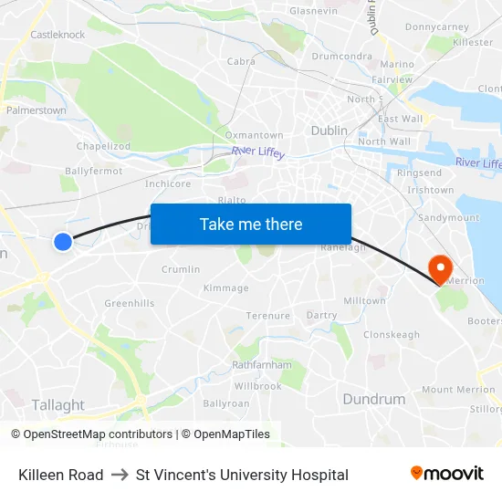 Killeen Road to St Vincent's University Hospital map