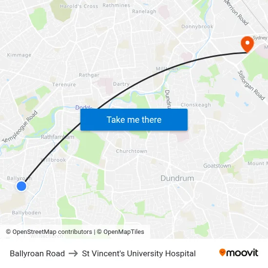 Ballyroan Road to St Vincent's University Hospital map