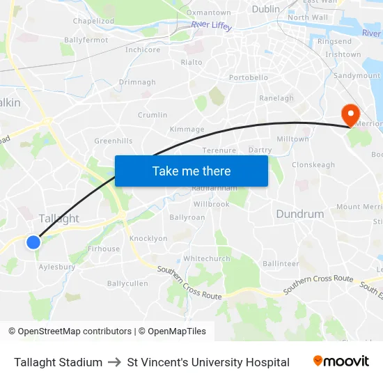 Tallaght Stadium to St Vincent's University Hospital map