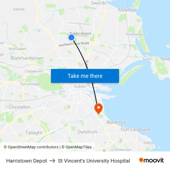 Harristown Depot to St Vincent's University Hospital map