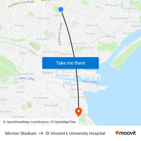 Morton Stadium to St Vincent's University Hospital map