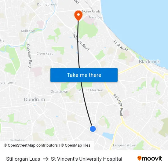 Stillorgan Luas to St Vincent's University Hospital map