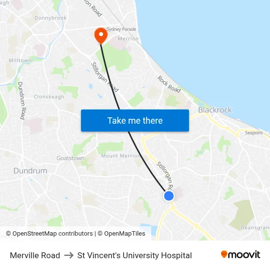 Merville Road to St Vincent's University Hospital map