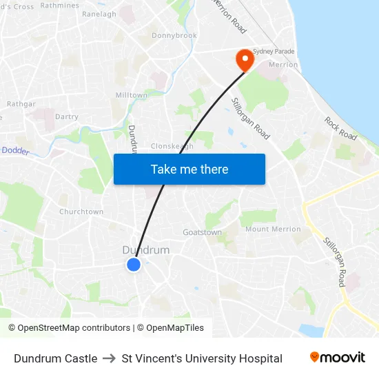 Dundrum Castle to St Vincent's University Hospital map