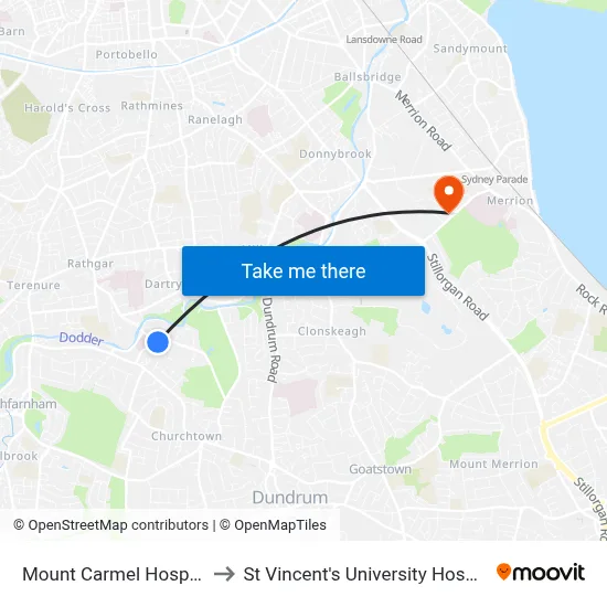 Mount Carmel Hospital to St Vincent's University Hospital map