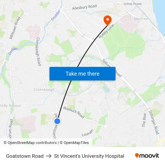 Goatstown Road to St Vincent's University Hospital map
