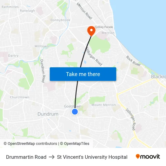 Drummartin Road to St Vincent's University Hospital map