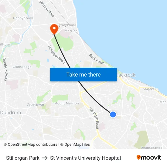Stillorgan Park to St Vincent's University Hospital map