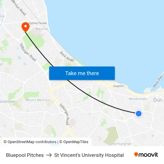 Bluepool Pitches to St Vincent's University Hospital map