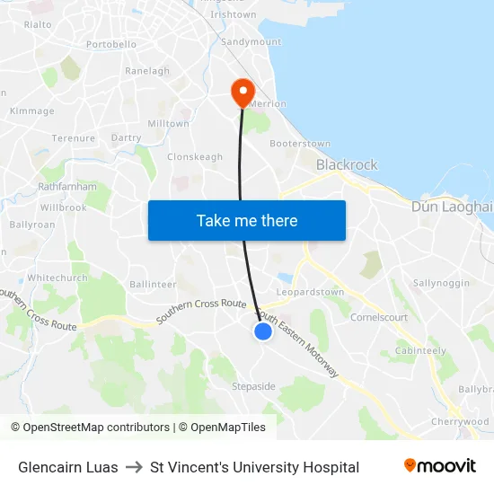 Glencairn Luas to St Vincent's University Hospital map