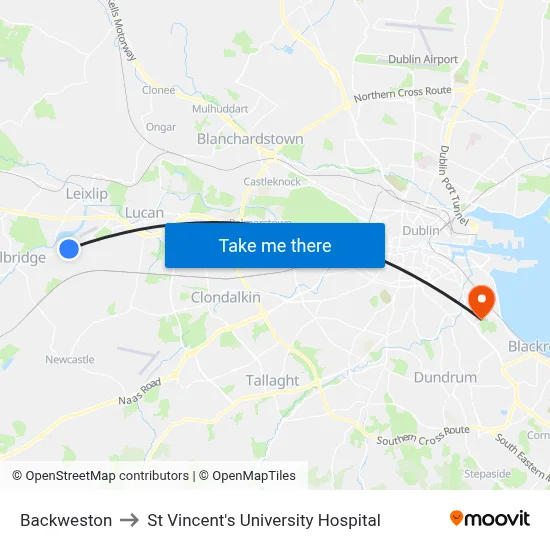 Backweston to St Vincent's University Hospital map
