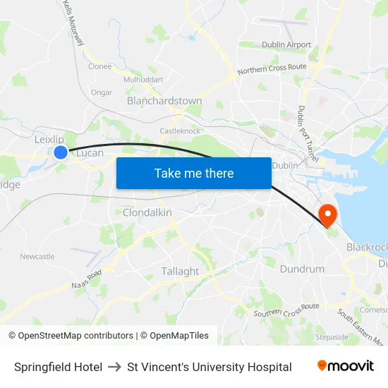 Springfield Hotel to St Vincent's University Hospital map