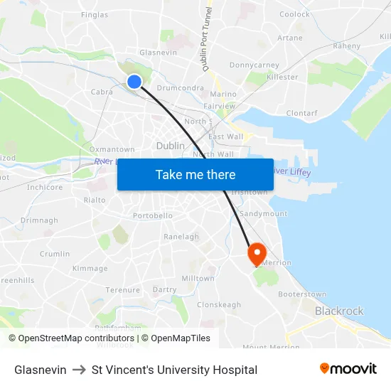 Glasnevin to St Vincent's University Hospital map