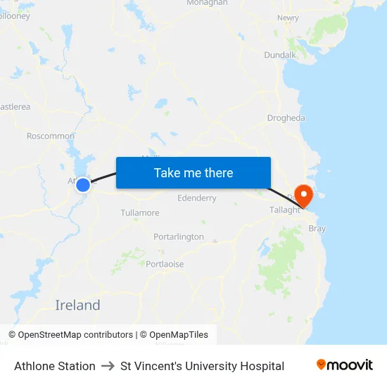 Athlone Station to St Vincent's University Hospital map